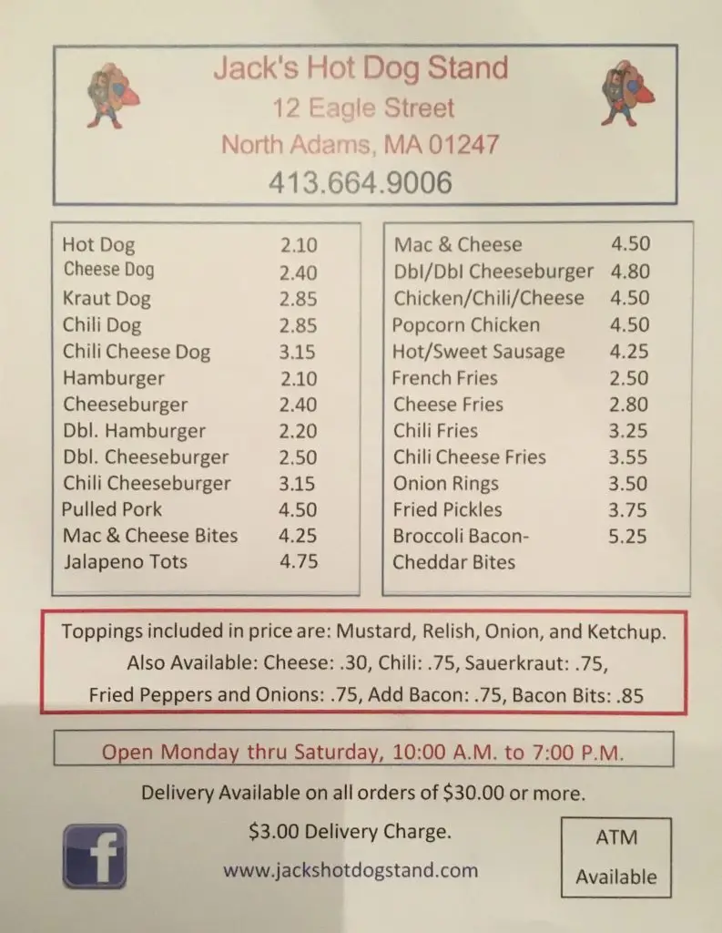 Jack's Hot Dog Stand menu with prices for hot dogs, burgers and sides